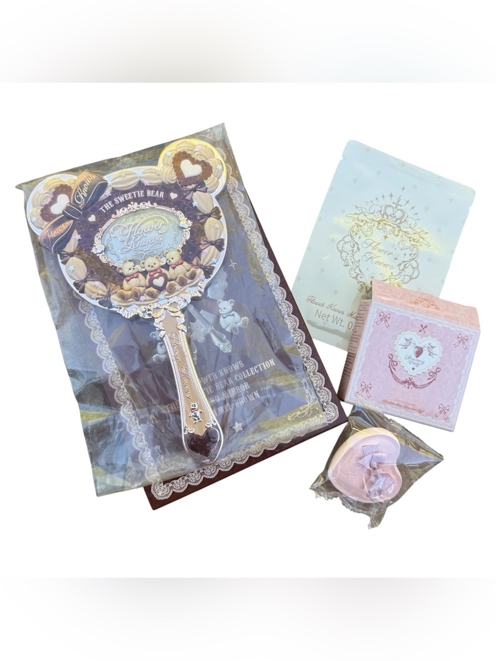 Flower Knows Sweetie Bear Brown Teddy Kawaii Princess Hand Mirror & Face Sponge